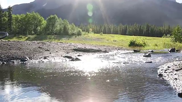 女山地自行车骑手穿过小溪，从草地骑自行车视频素材