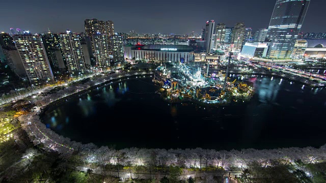 雪泉湖上的乐天世界游乐园夜景，樱花盛开视频素材