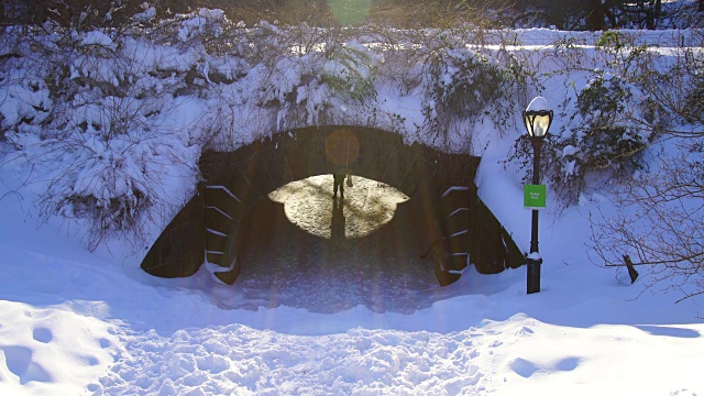 人们和狗穿过大桥隧道，这是被大雪包裹在昨晚严重的冬季暴风雪乔纳斯。早晨的阳光照亮了白雪覆盖的桥和在桥上慢跑的人。视频素材