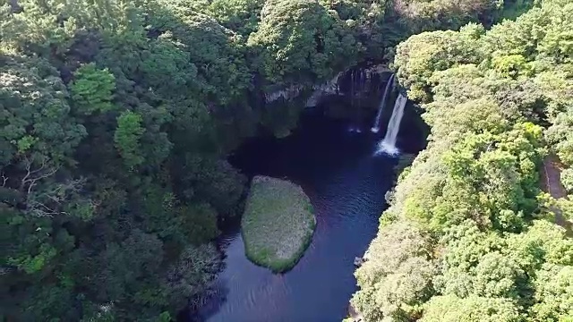 济州岛暖温带森林天池渊瀑布鸟瞰图(韩国自然保护区379)视频素材