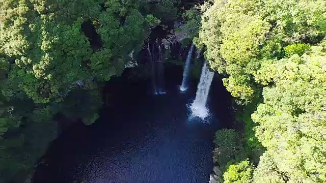 济州岛暖温带森林天池渊瀑布鸟瞰图(韩国自然保护区379)视频素材