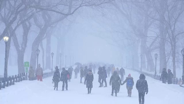 傍晚，在严重的冬季暴风雪乔纳斯期间，人们在中央公园购物中心散步。视频素材