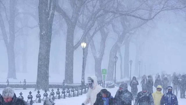 傍晚，在严重的冬季暴风雪乔纳斯期间，人们在中央公园购物中心散步。视频素材