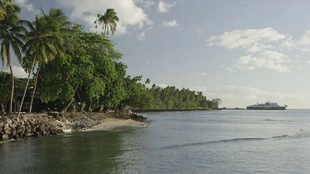 Pan over waves in calm sea，棕榈树hand over coastline，游船在远方视频素材