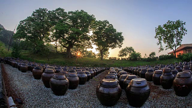 Jang Dok(韩国传统的酱汁和调味品罐)在明载老屋视频素材