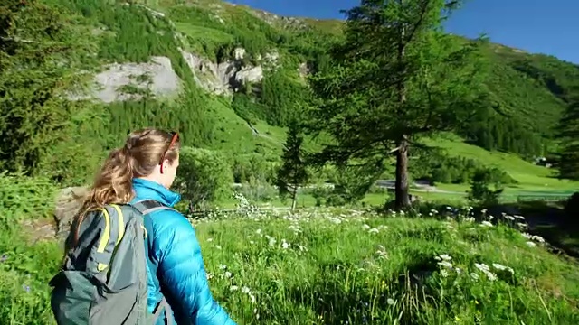 日落时分，一名女性徒步旅行者穿过高山草地视频素材