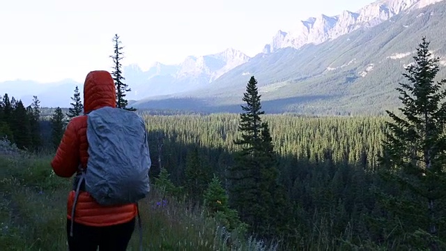 清晨，一名女性徒步旅行者沿着山路行走视频素材