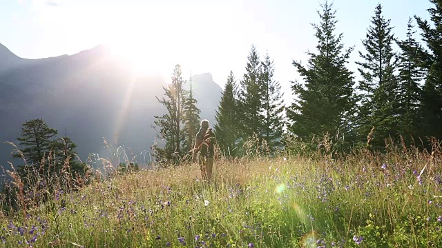 男性徒步旅行者穿过高山草甸，走向遥远的山脉视频素材