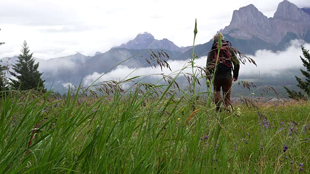 一名男性徒步旅行者在雨后走进草地，眺望群山视频素材