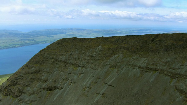 WS AERIAL PAN View本莫尔山在西海岸的斯克里登湖和岛屿，然后湖na Keal /岛或马尔，阿盖尔和比特岛，苏格兰视频素材