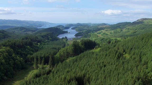 从苏格兰的Tayvallich, Argyll和Bute，通过Knapdale地区向Sween湖的狭窄海湖水域飞行的WS AERIAL TD视图视频素材