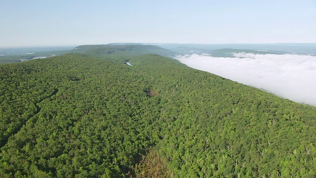 从Hopatcong湖到Delaware Gap / New Jersey的航线上森林到雾堤的航拍图，美国视频素材