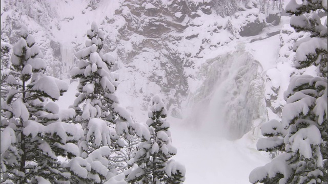 美国黄石公园雪域森林中的瀑布视频素材