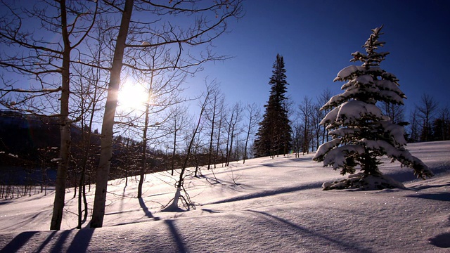 太阳升起在白雪覆盖的山坡上。视频素材