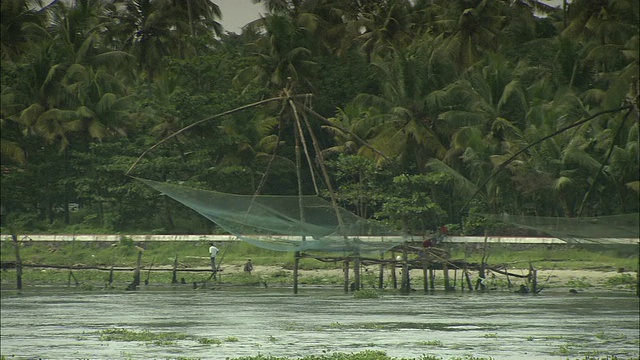 海水缓缓地漂浮在印度科钦森林覆盖的海岸上。视频素材