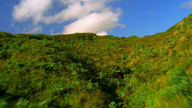 从空中鸟瞰郁郁葱葱的山丘+山谷，向广阔的绿色山谷+山脉/夏威夷视频素材