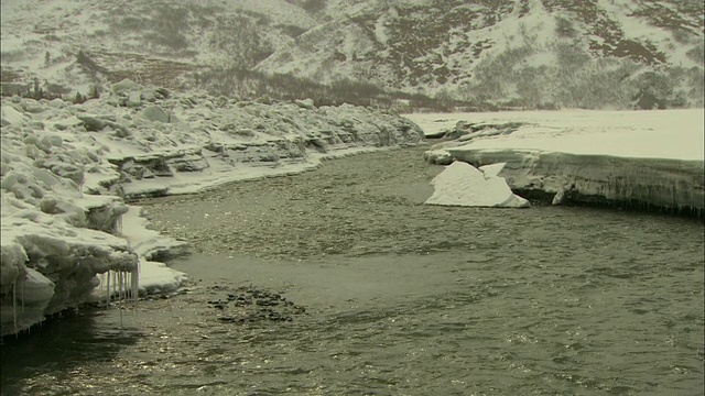 一条河流流过阿拉斯加结冰的河岸。视频素材