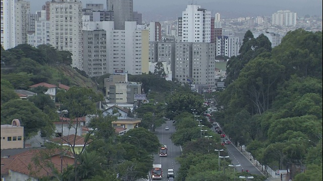 在巴西圣保罗，交通沿着树木繁茂的道路行驶。视频素材