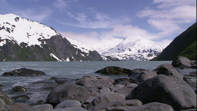 一条河流流过阿拉斯加的雪山。视频素材