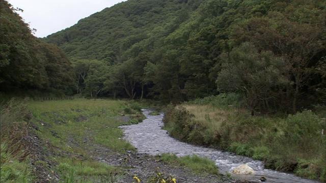 在英国，一条小河流经一个风景优美的山谷。视频素材