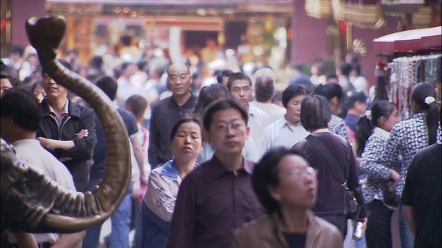 在中国上海的聚源市场，购物者们在一尊大象雕像旁漫步。视频素材