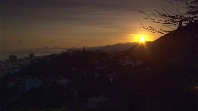 在巴西的里约热内卢，夕阳将树木和山丘投射成剪影。视频素材