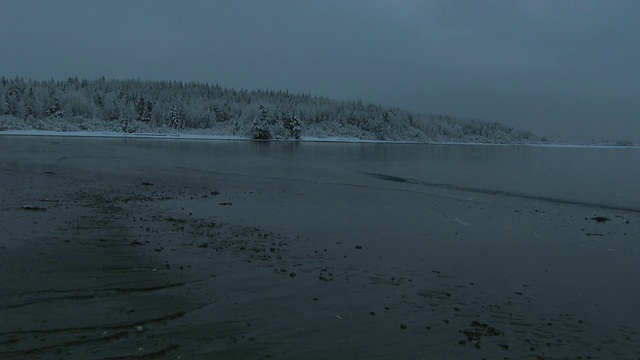 波浪荡漾在白雪覆盖的海岸上。视频素材