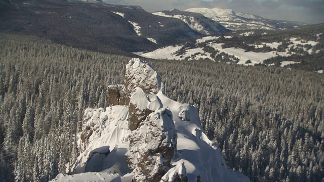 常青树生长在白雪覆盖的陡峭山峰上。视频素材