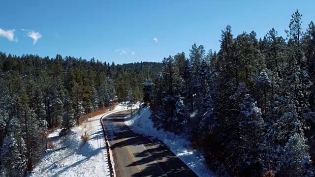 汽车行驶在绿树成荫的道路上，陶斯，新墨西哥州，美国视频素材