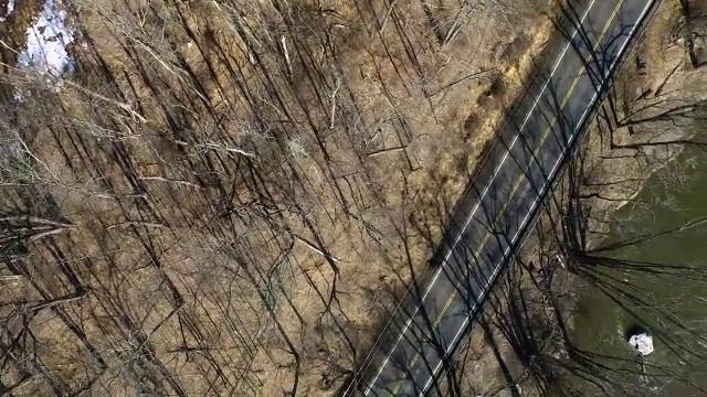 从空中俯瞰冬天的树木、道路和河流视频素材