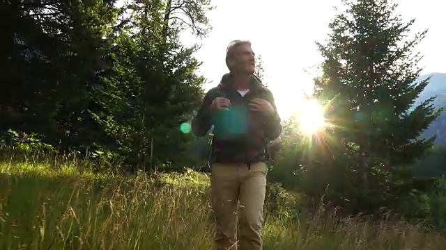 徒步旅行者穿过草地，眺望群山和森林视频素材