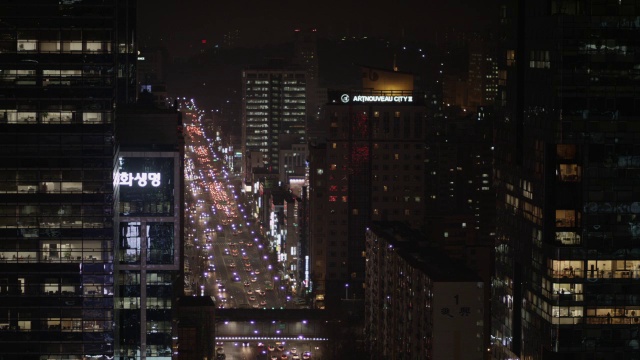 从摩天大楼楼顶拍摄的繁忙街道的夜景视频素材