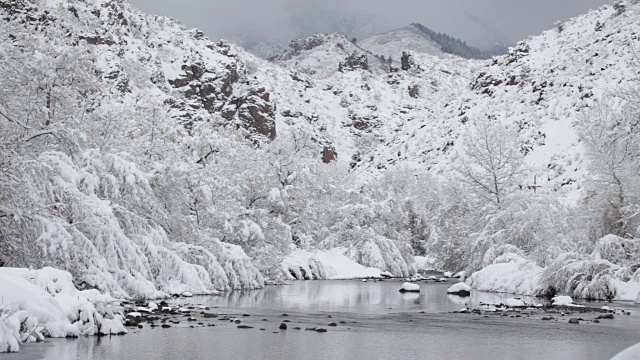 冬季雪南普拉特河沃特顿峡谷山脉科罗拉多州视频素材