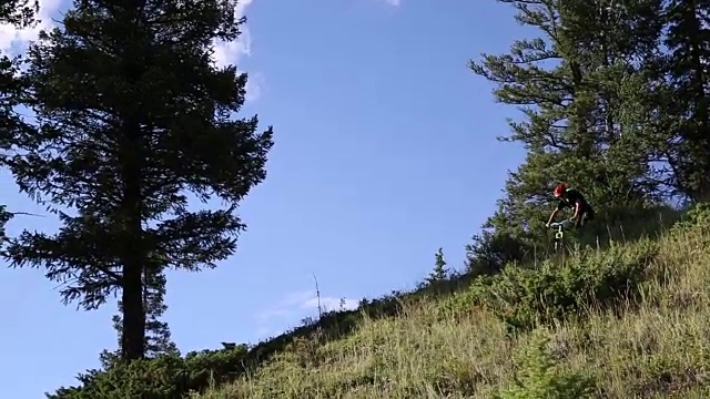 山地自行车下山陡峭的斜坡，从树脊顶视频素材