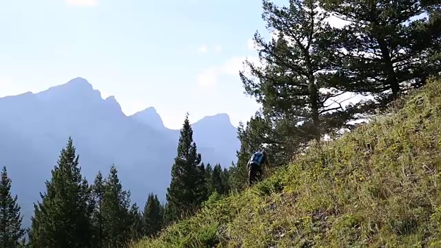 山地自行车下山陡峭的斜坡，从树脊顶视频素材