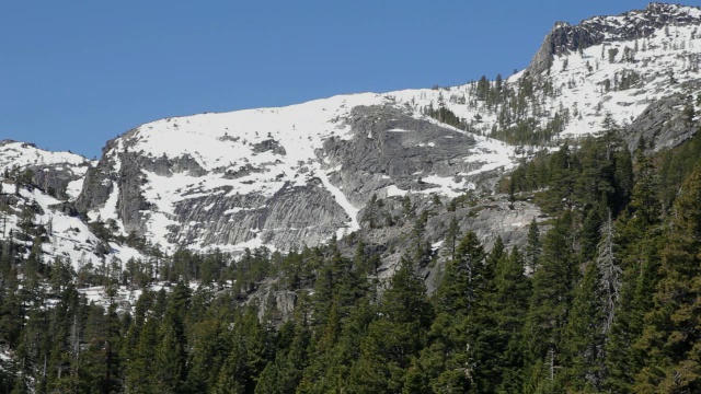 低角度的塔霍湖被雪覆盖的山视频素材