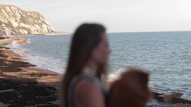 年轻的女性和宠物狗在海滩上视频素材