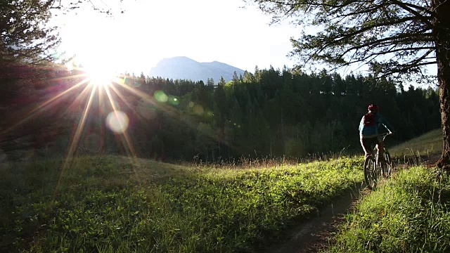 骑山地自行车的人沿着小路穿过草地，望向群山和森林视频素材