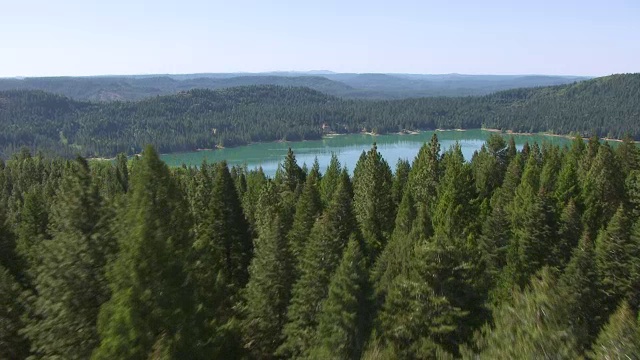 WS AERIAL POV斯科特平原水库在森林地区的Sierra山麓，加利福尼亚州视频素材