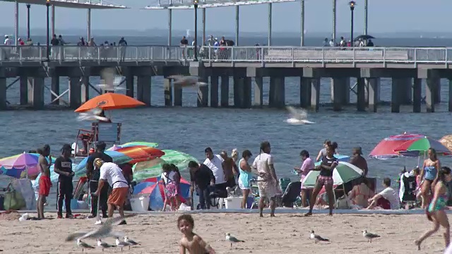 康尼岛海滩，日光浴者，夏日热浪视频素材