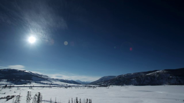 当太阳升起然后落下时，潘正对着雪景。视频素材