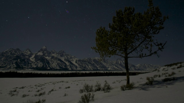 星星在白雪覆盖的树木和山峰上转动。视频素材