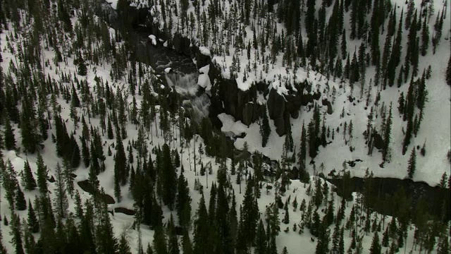 美国黄石公园雪地森林瀑布上空的空中轨道视频素材