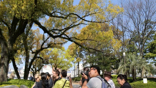 日本广岛，一群游客发现原子弹圆顶前视频素材