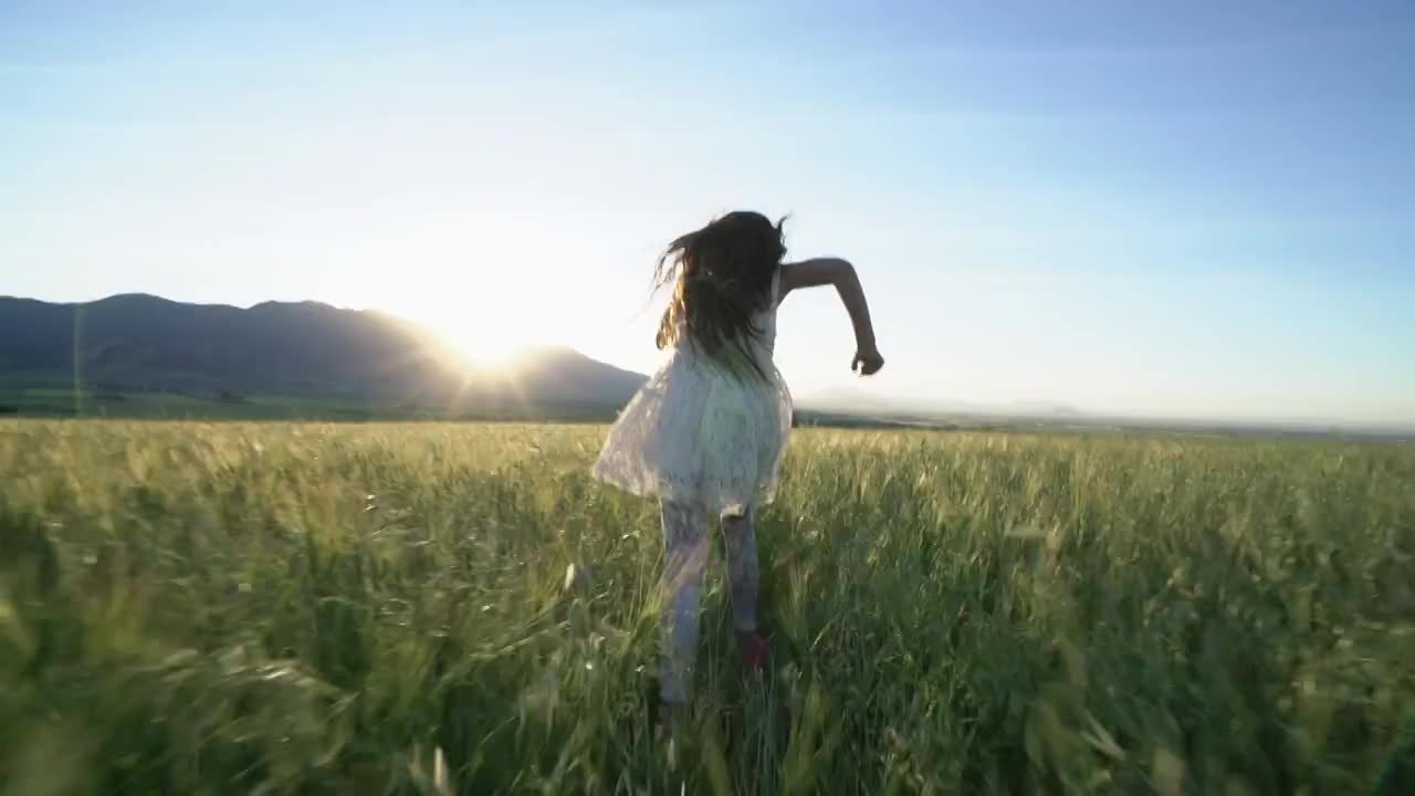 日落时分在田野里奔跑的年轻女孩的后视图。视频素材