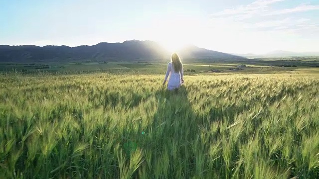 一个年轻的女孩在夕阳下穿过田野。视频素材