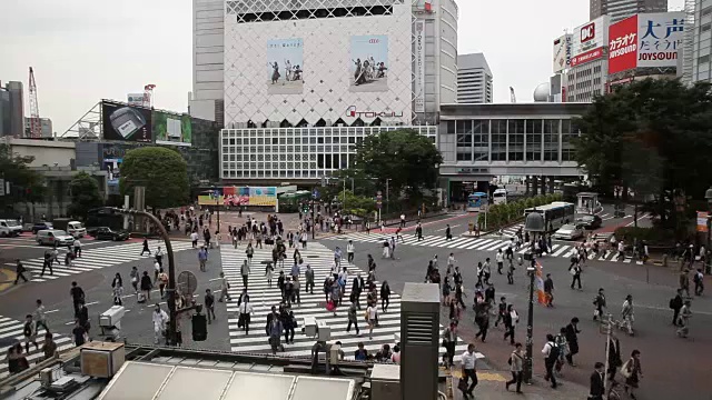 行人和车辆穿过日本著名的涩谷十字路口视频素材