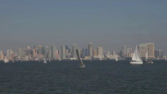 在圣地亚哥海湾或港口的帆船的广角。城市天际线在bg。视频素材