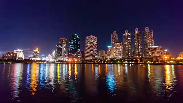 时光流逝，水中倒影的城市景观视频素材