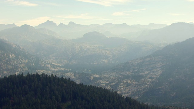 WS AERIAL POV约塞米蒂国家公园与松树林山顶和岩石山的背景/美国加州视频素材